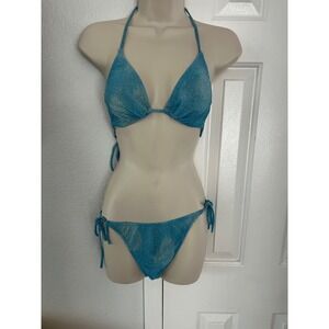 Y2KSolar Blue Metallic Shimmer Triangle Bikini sheer Swimsuit Made in Poland vtg